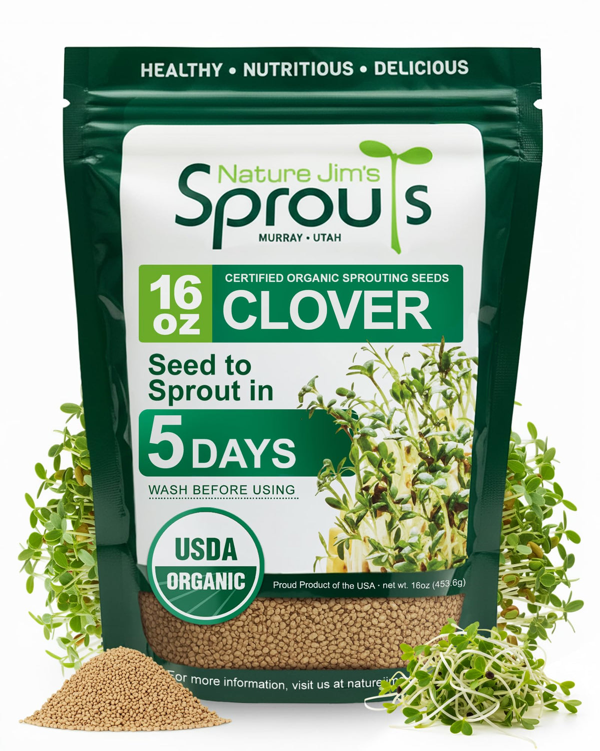 Nature Jims Sprouts clover seeds in resealable bag for fresh home sprouts