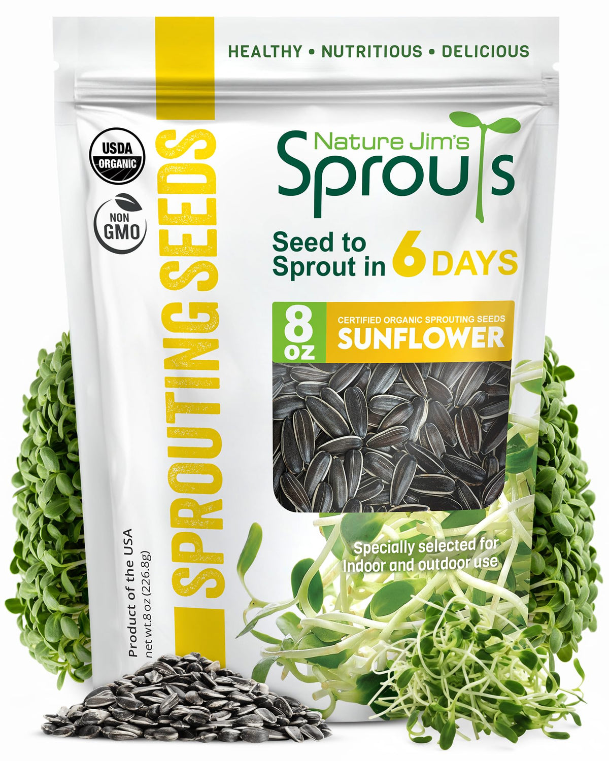 Nature Jims Sunflower Seeds for Sprouting pack enables easy home sprouting.