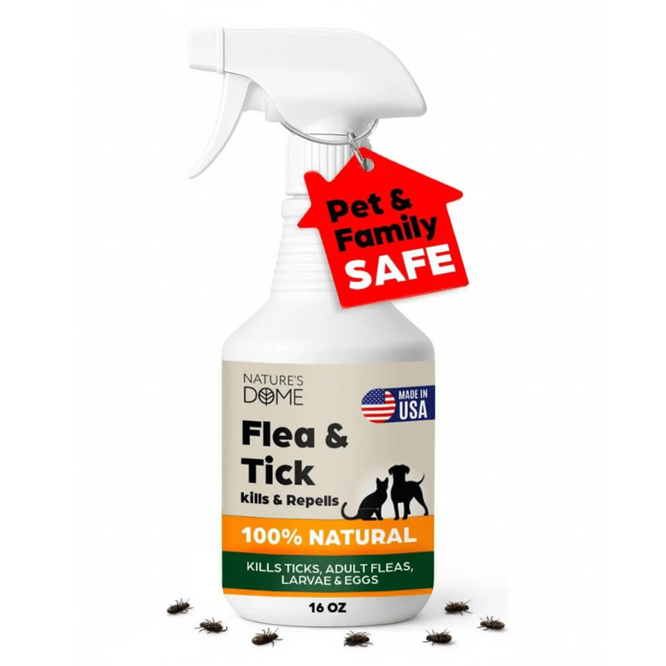 Nature's Dome flea and tick spray bottle for outdoor pest control on lawns