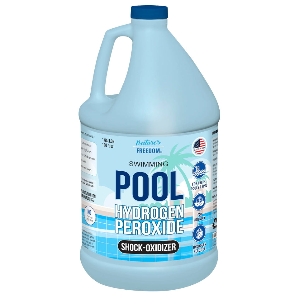 Nature's Freedom hydrogen peroxide pool oxidizer bottle for non-chlorine shock treatment