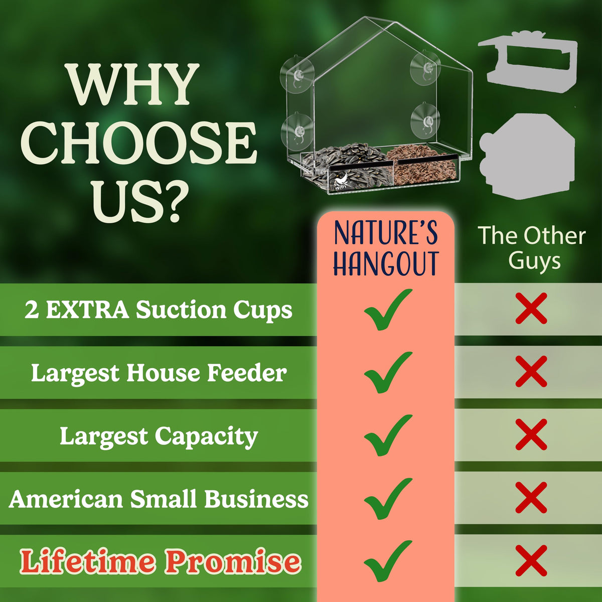 Nature's Hangout clear window feeder offers an unobstructed indoors view.