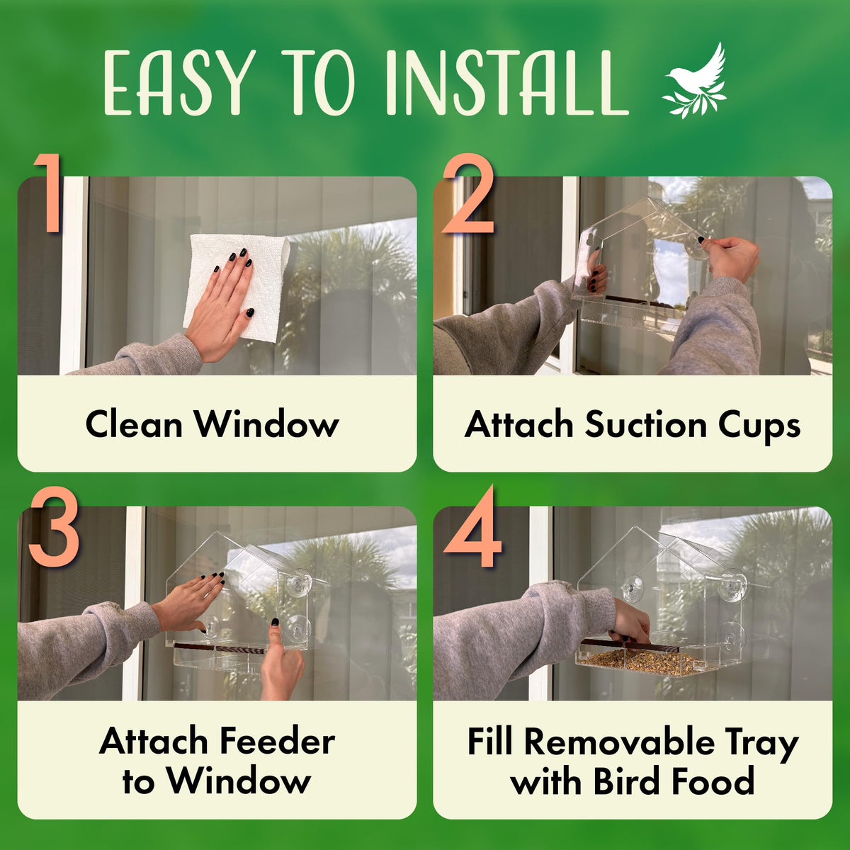 Nature's Hangout feeder with six weatherproof suction cups securing to a clean window.
