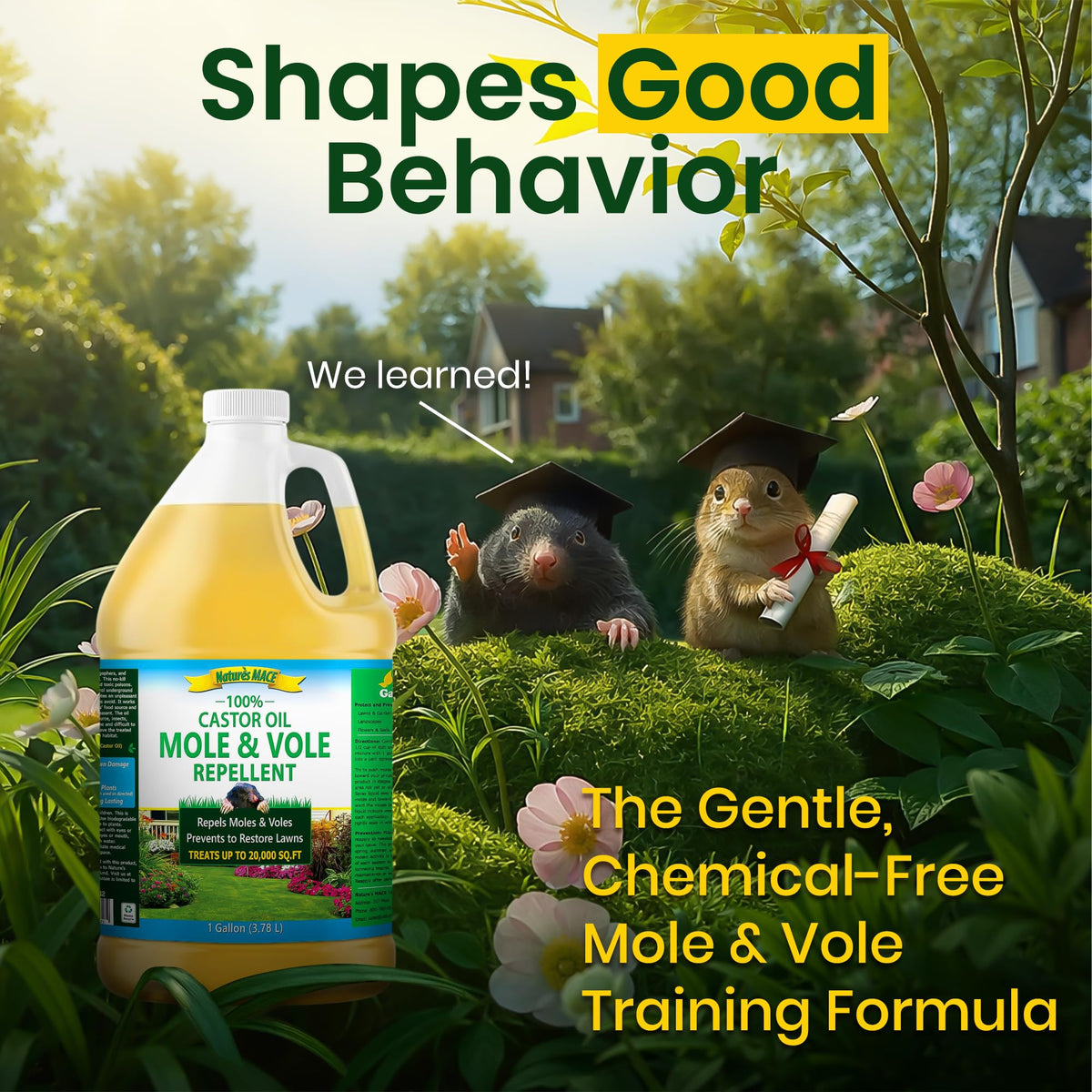 Nature's MACE castor oil pure ingredient highlighted for safe lawn use