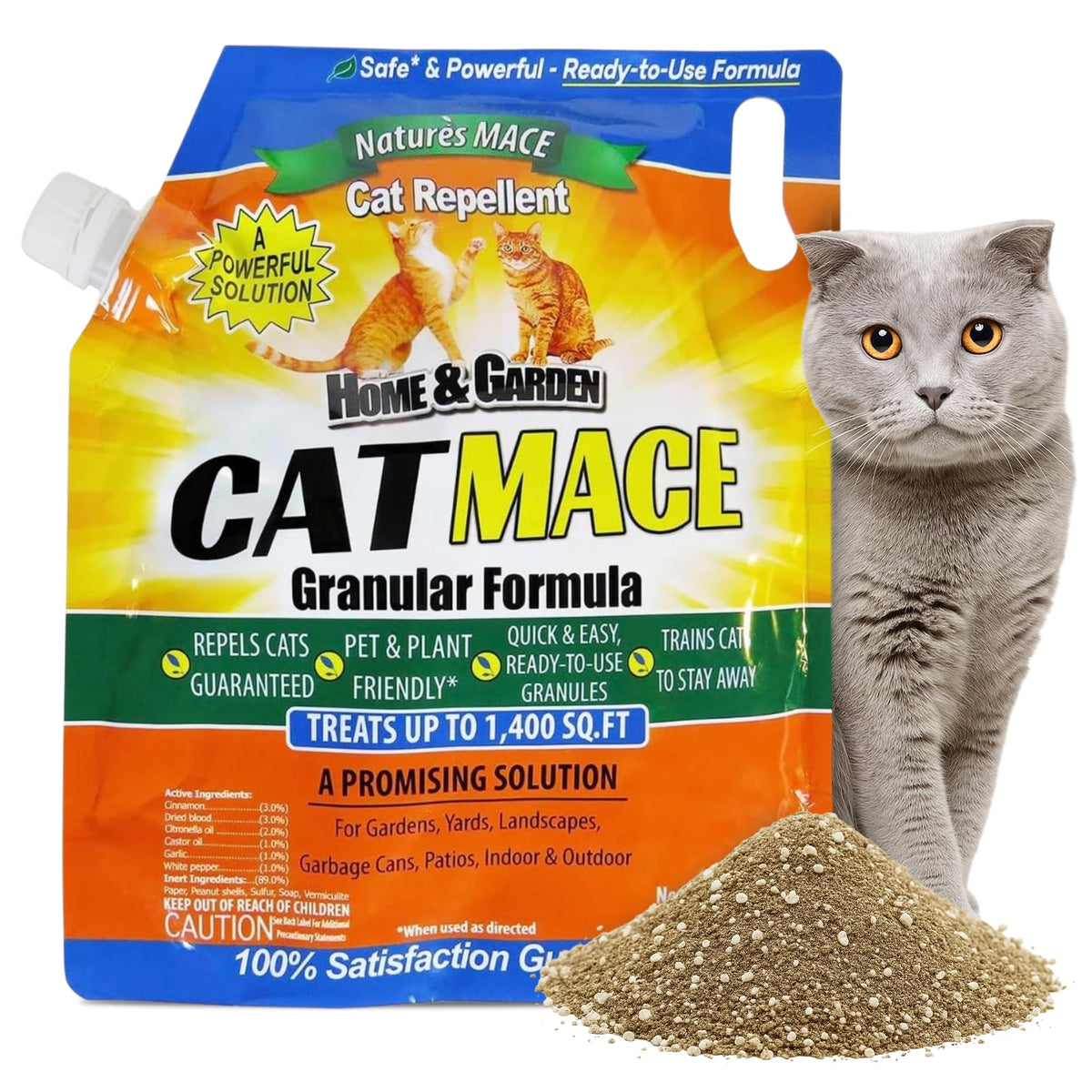 Nature's MACE Cat Mace granular repellent bottle application deters cats from digging in flowerbeds.