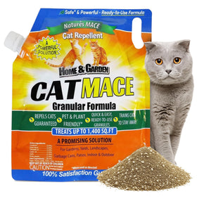 Nature's MACE Cat Mace granular repellent bottle application deters cats from digging in flowerbeds.