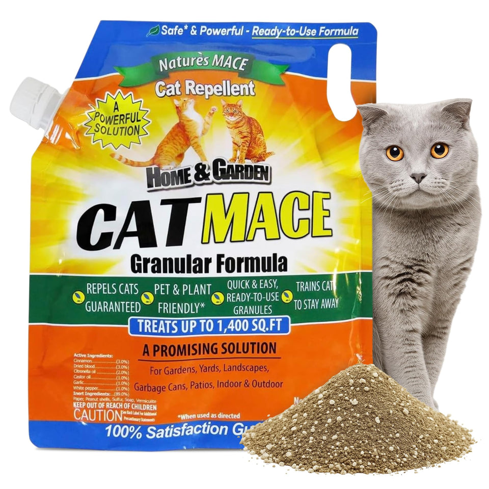 Nature's MACE Cat Mace granular repellent bottle application deters cats from digging in flowerbeds.