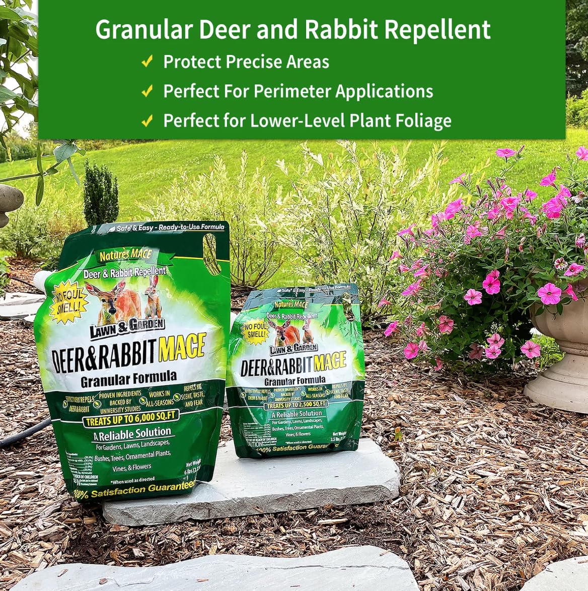 Nature's MACE protective barrier around bed edges deters deer from foliage