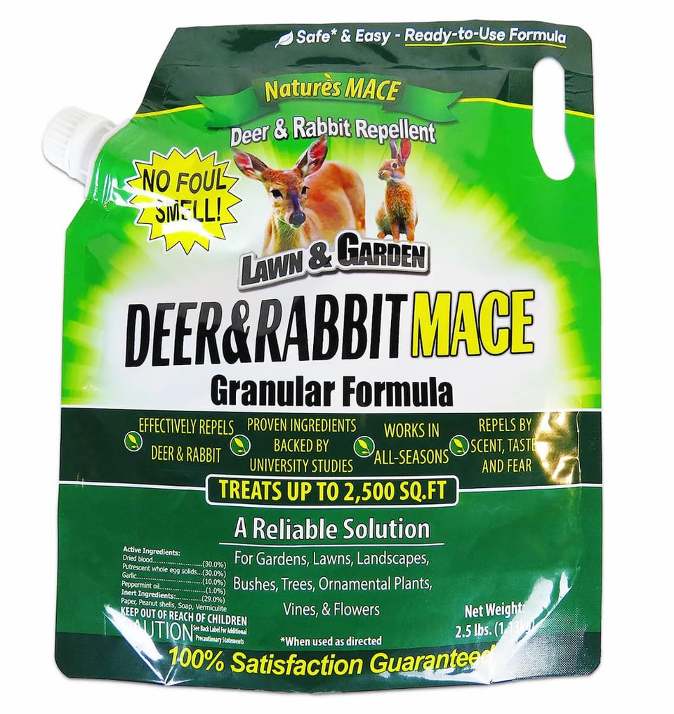 Nature's MACE Deer and Rabbit Mace granular protects delicate garden beds from browsing