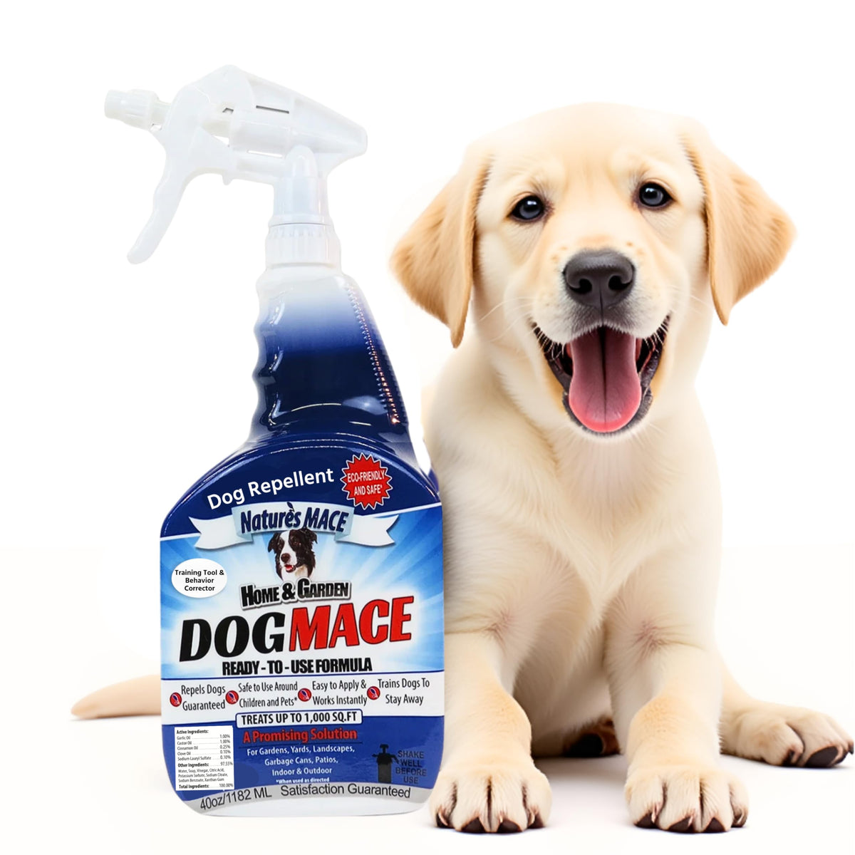 Nature’s MACE Dog Mace spray protects outdoor lawn by deterring dogs from marking.