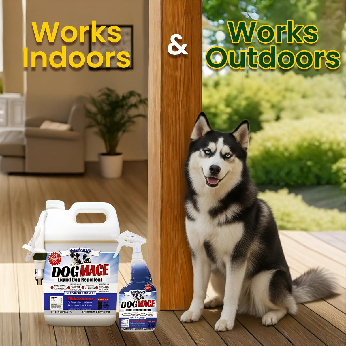 Nature’s MACE Dog Mace Spray protects garden beds and plants.