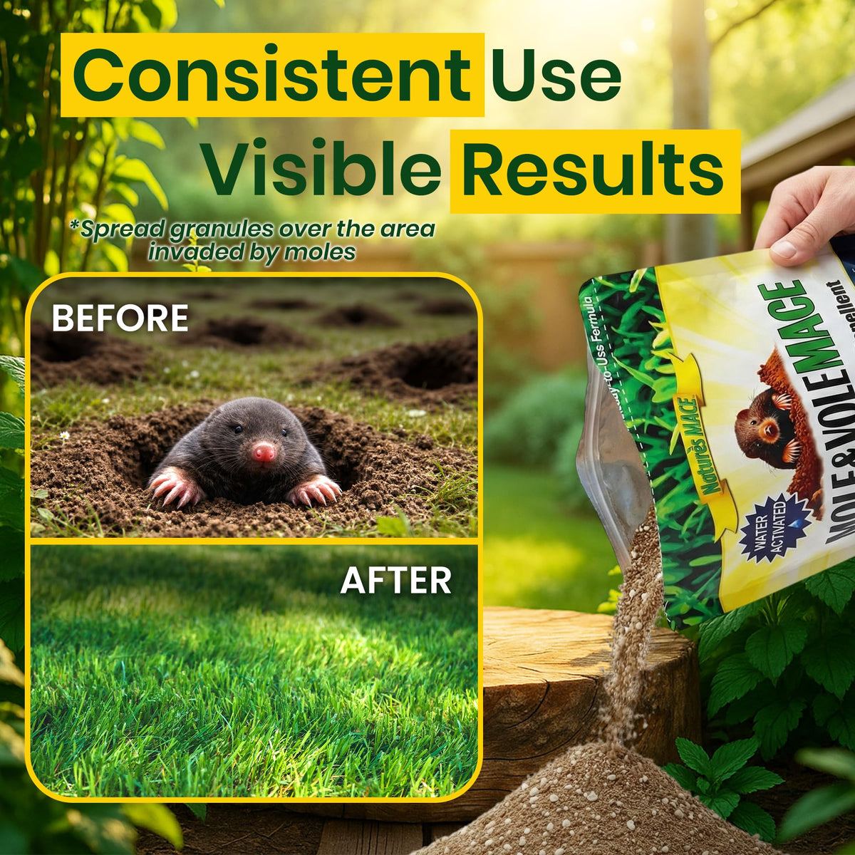 Nature's MACE long-lasting protection for lawns and flower beds.