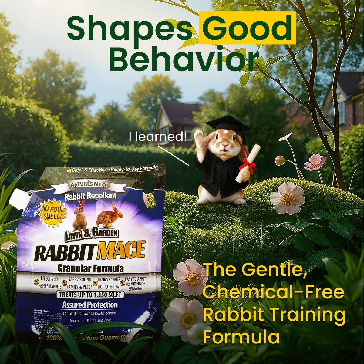 Nature's MACE Rabbit MACE granules application method shows even dispersion for plant protection.