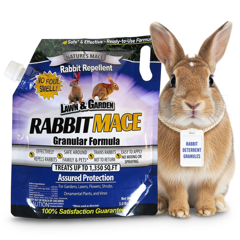 Nature's MACE Rabbit MACE granules bag provides year-round deterrence for gardens.