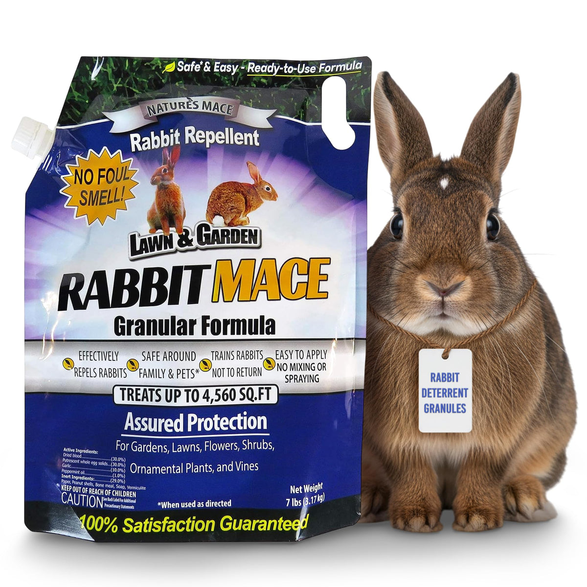 Nature's MACE Rabbit MACE Granules bag label shown for year-round rabbit deterrence