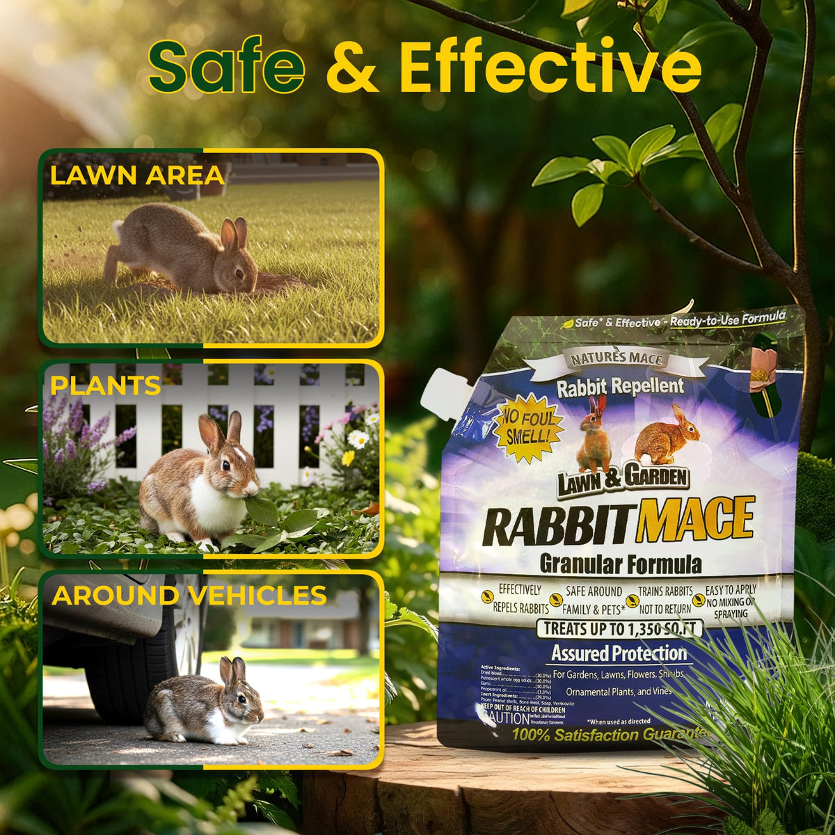 Nature's MACE Rabbit MACE granules dispersion forms a protective barrier against rabbits.
