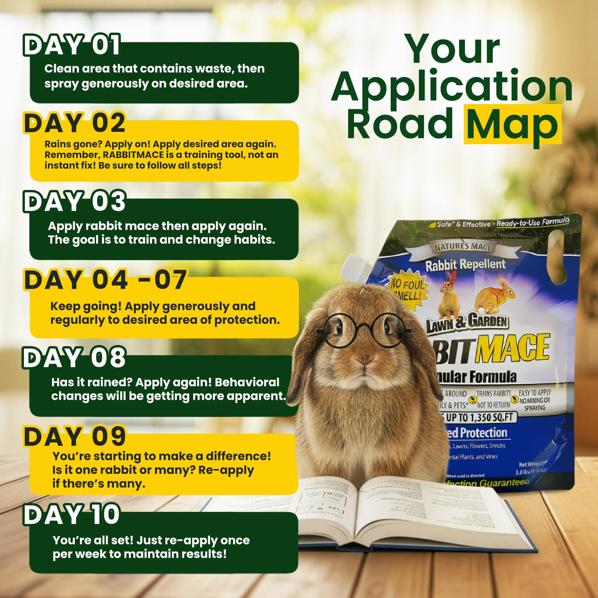 Nature's MACE Rabbit MACE granules work for both indoor and outdoor landscapes.