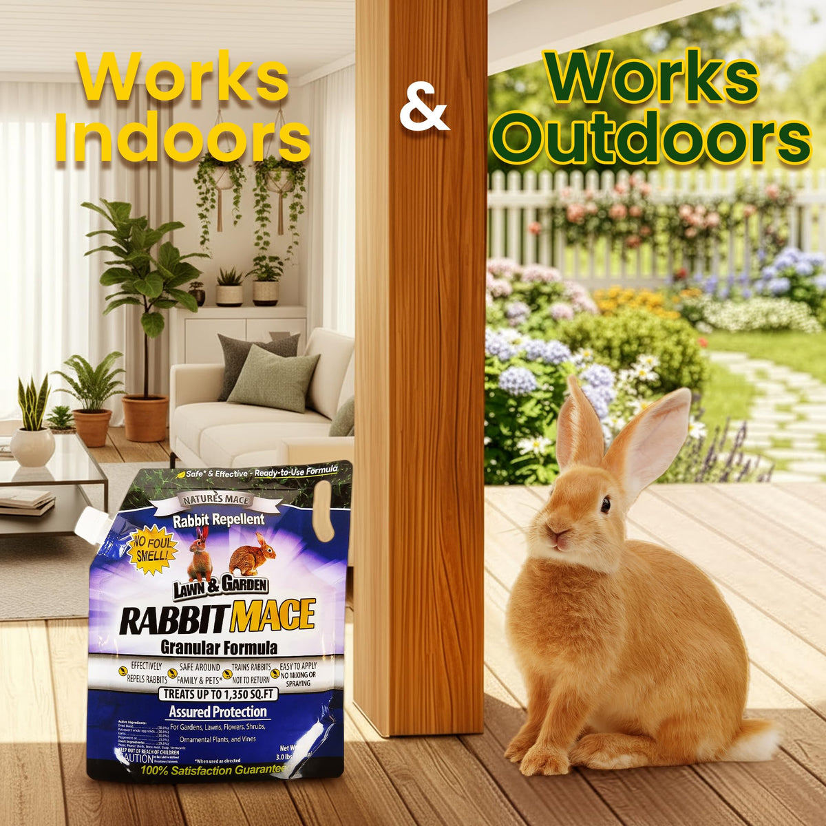 Nature's MACE Rabbit MACE granules rain-resistant formulation maintains deterrence in wet weather.