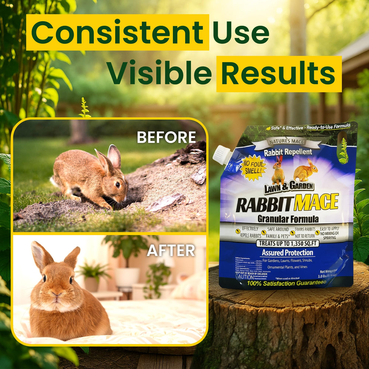 Nature's MACE Rabbit MACE granules offer year-round protection for lawns and crops.