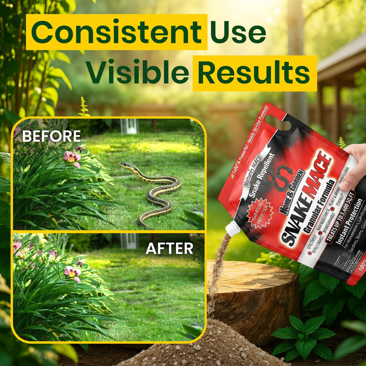 Nature’s MACE Snake Mace provides up to 1,500 sq ft coverage around the foundation.