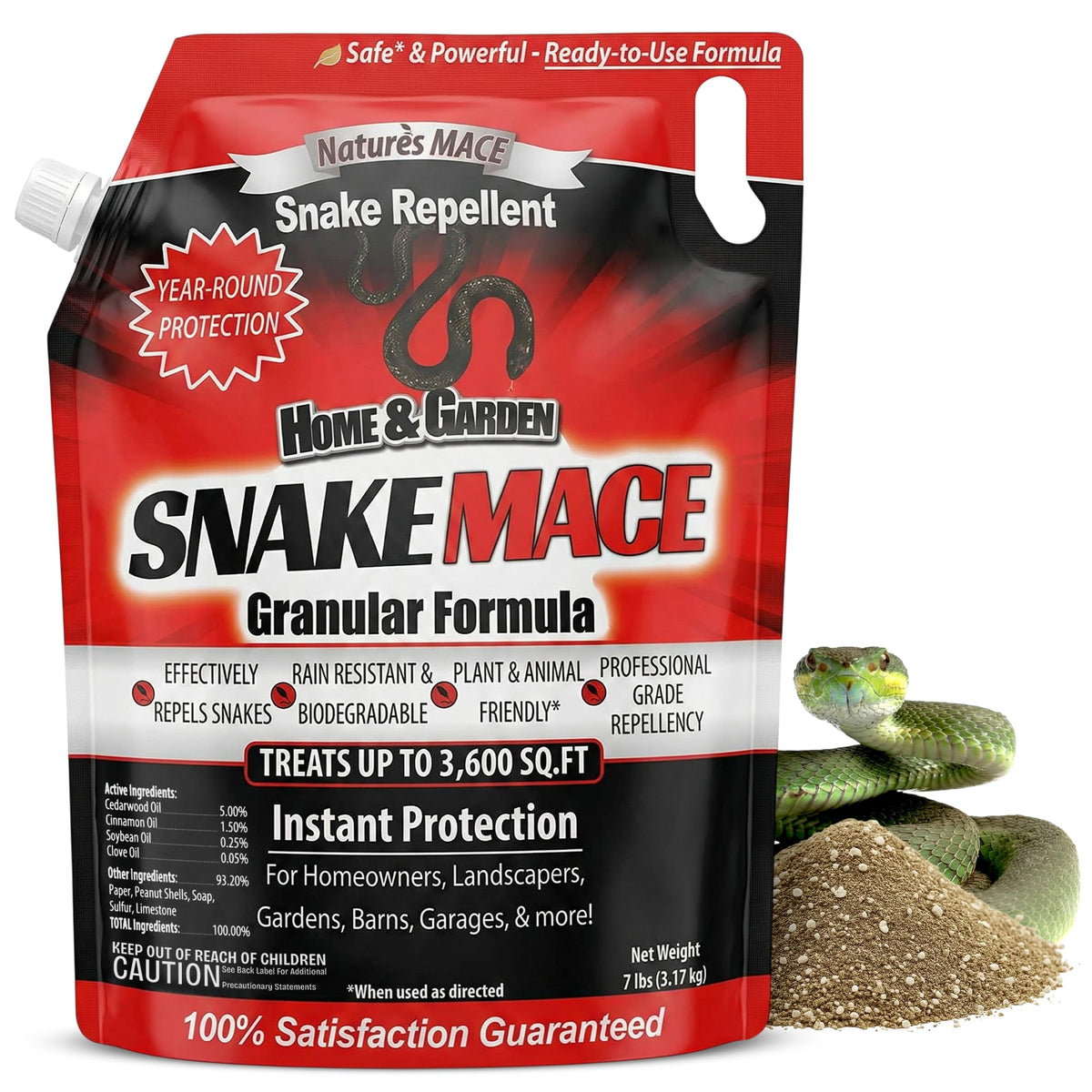 Nature’s MACE Snake Mace 7lb bag ready for yard application to deter snakes.