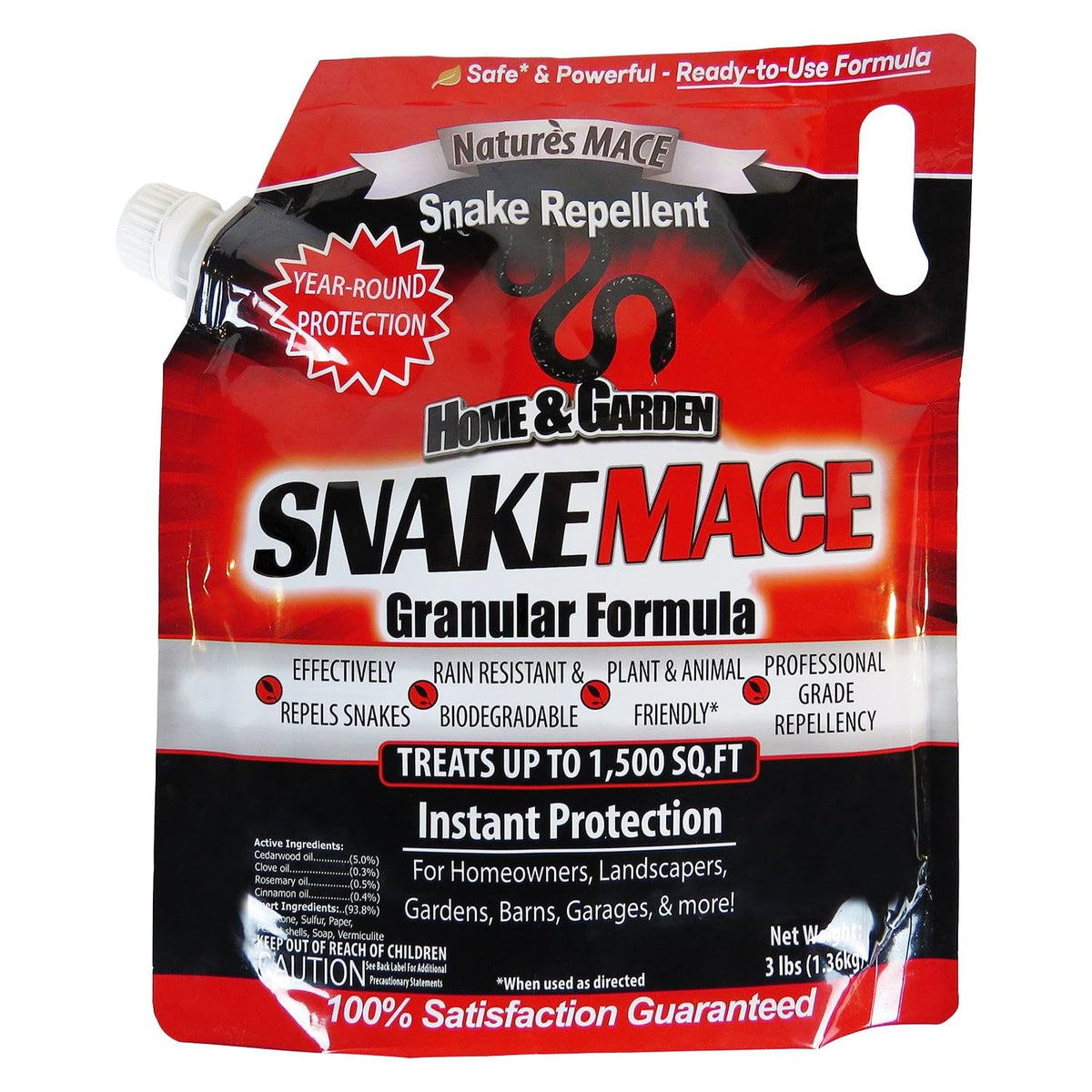 Nature's MACE Snake Mace granules in bag deter snakes in outdoor spaces
