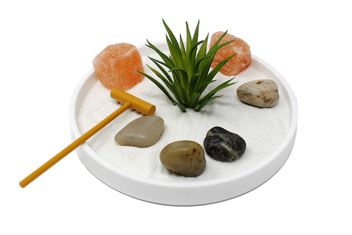 Nature's Mark Mini Zen Garden desk with rake for mindful arrangement.