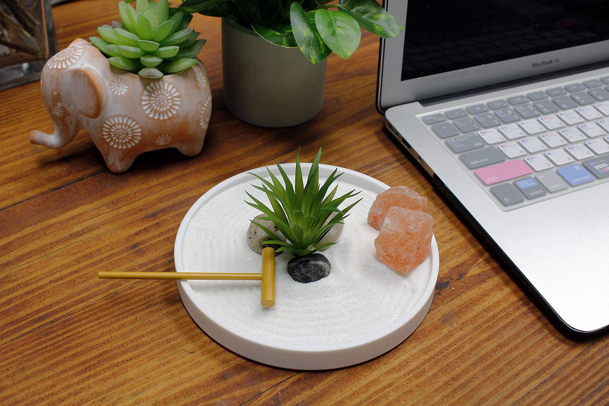 Nature's Mark Zen Garden kit on desk, gift-ready packaging for quick setup.