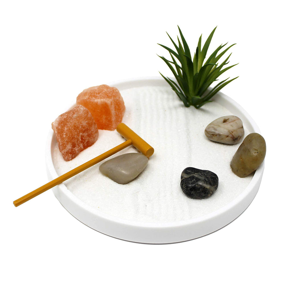 Nature's Mark Mini Zen Garden on desk with white sand for calmer focus.