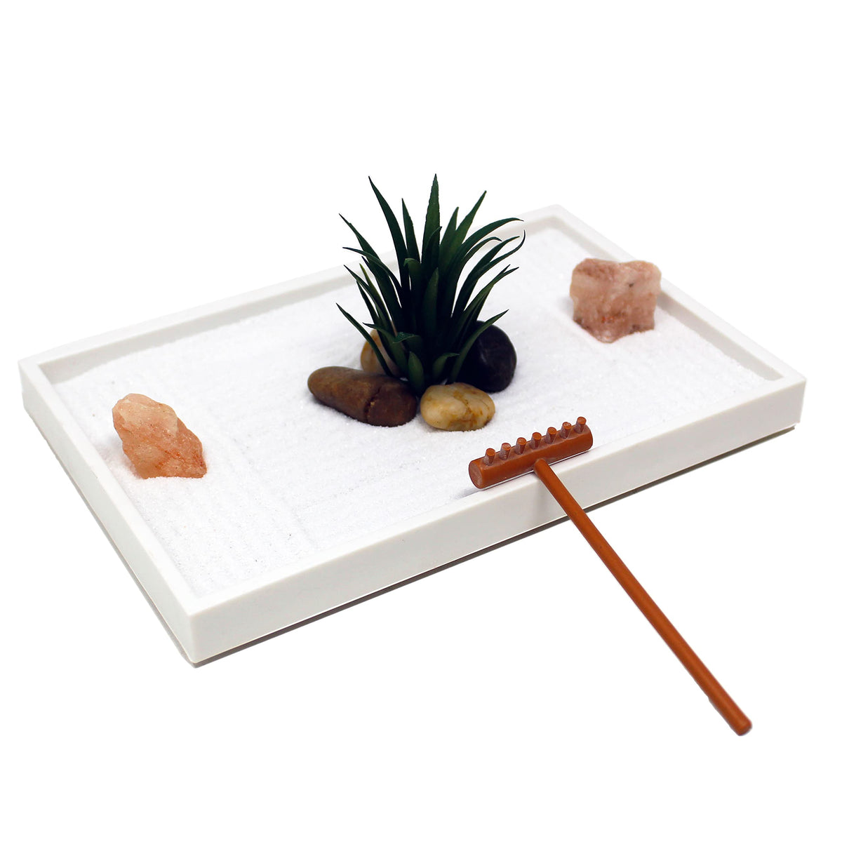 Nature's Mark mini zen garden kit on desk with white sand for calm focus.