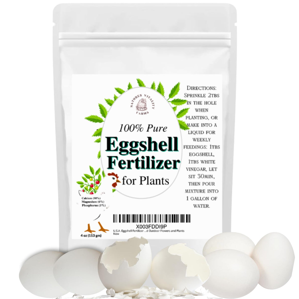 Natures Vitality Farms eggshell fertilizer powder bottle ready for garden use.