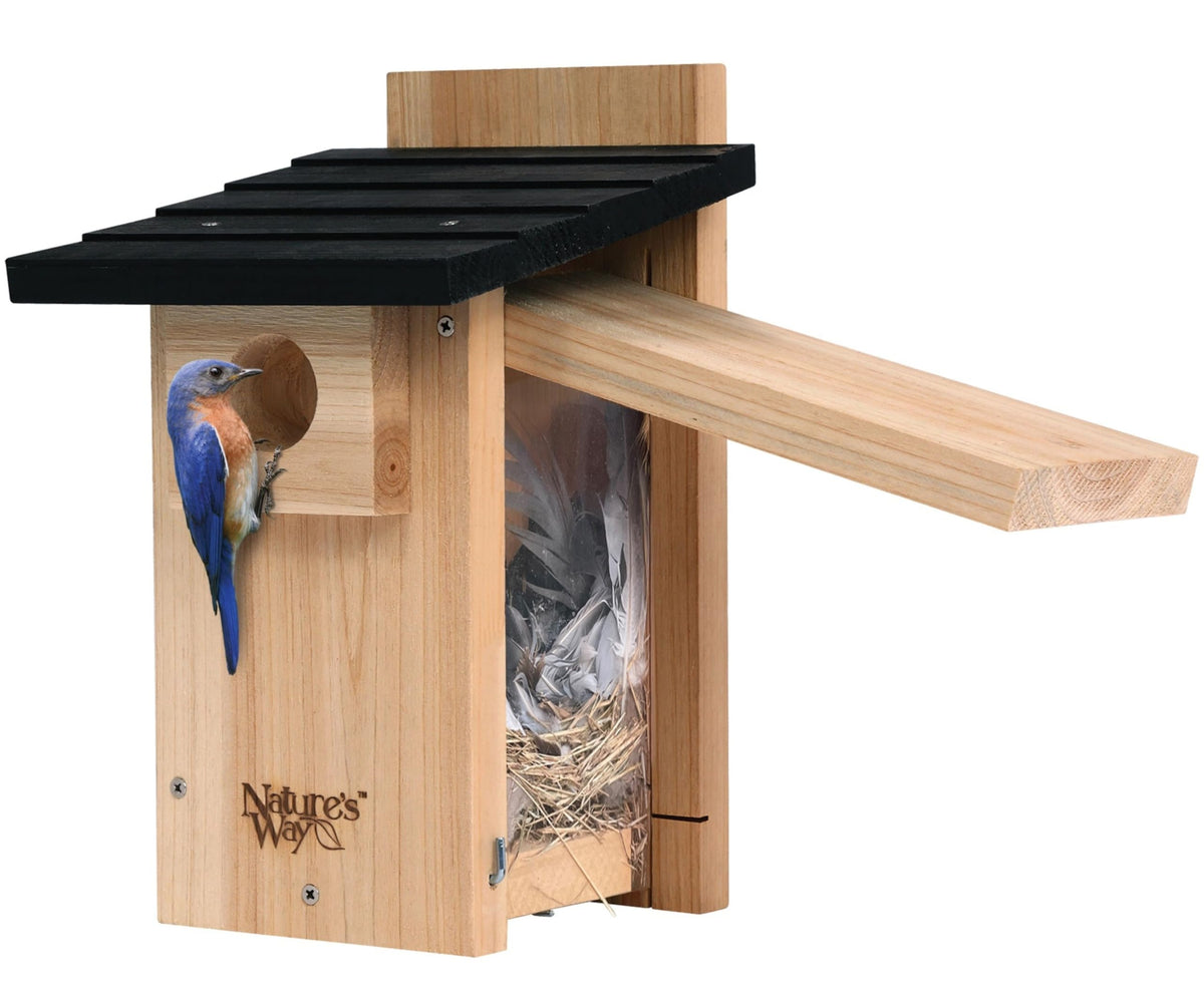Nature's Way Cedar Bluebird Viewing House front view shows durable cedar and hardware