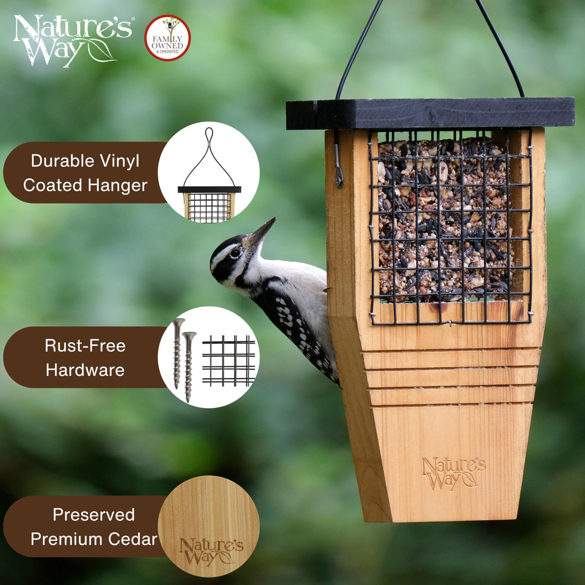 Nature’s Way Cedar Woodpecker Suet Feeder top lid for quick, clean loading