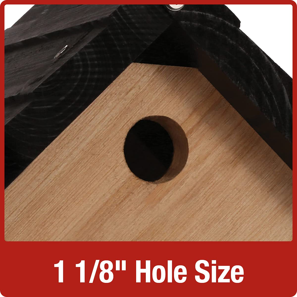 Nature's Way Cedar Wren House includes vinyl-coated hanging cable for easy installation.