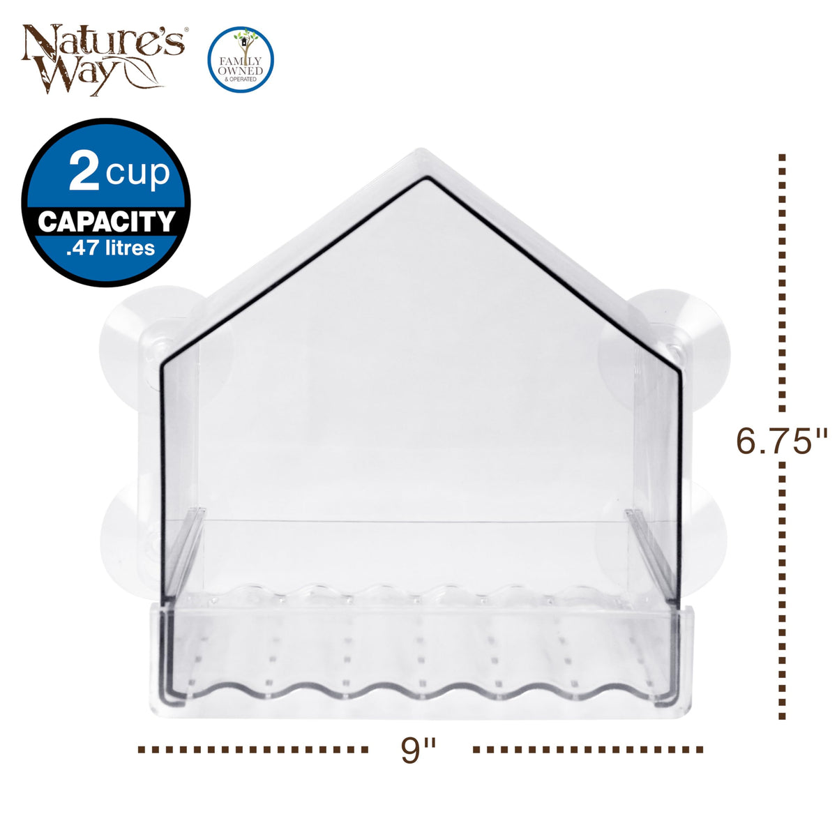 Nature's Way Crystal Window Feeder with a clear body viewed from indoors.