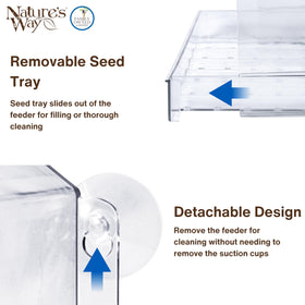 Nature's Way Crystal Window Seed Feeder detaches from bracket for fast maintenance.