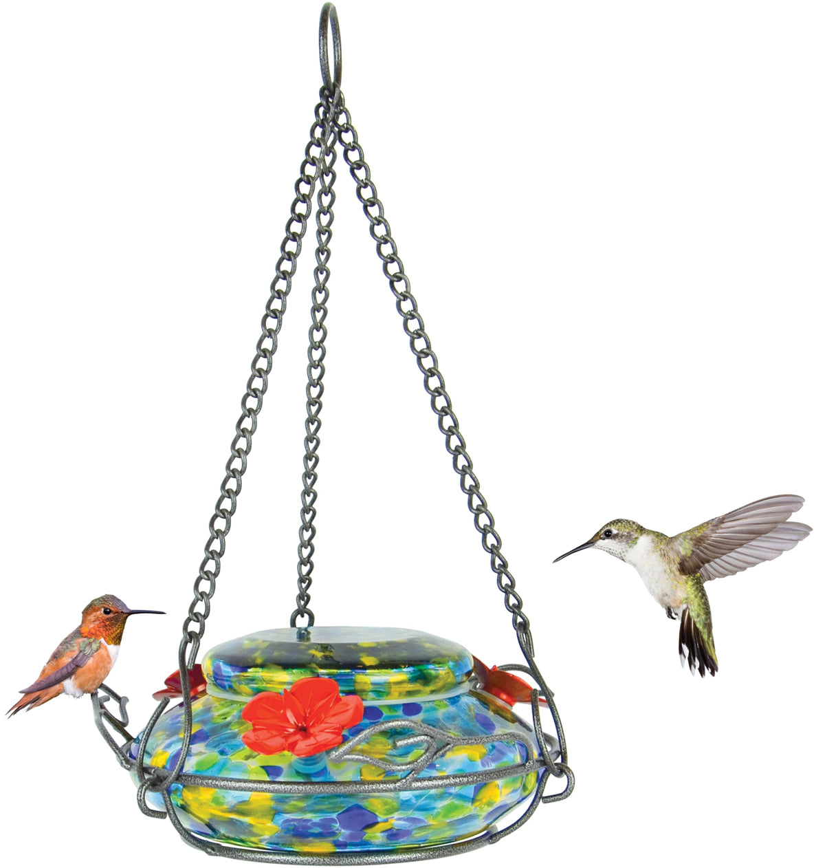 Nature's Way GHF7 hand blown glass hummingbird feeder with vibrant colors for eye-catching yard display.
