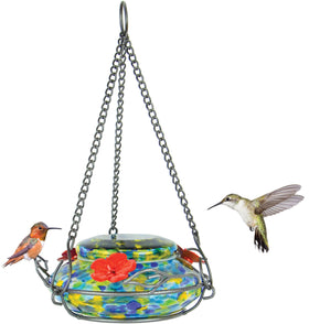 Nature's Way GHF7 hand blown glass hummingbird feeder with vibrant colors for eye-catching yard display.