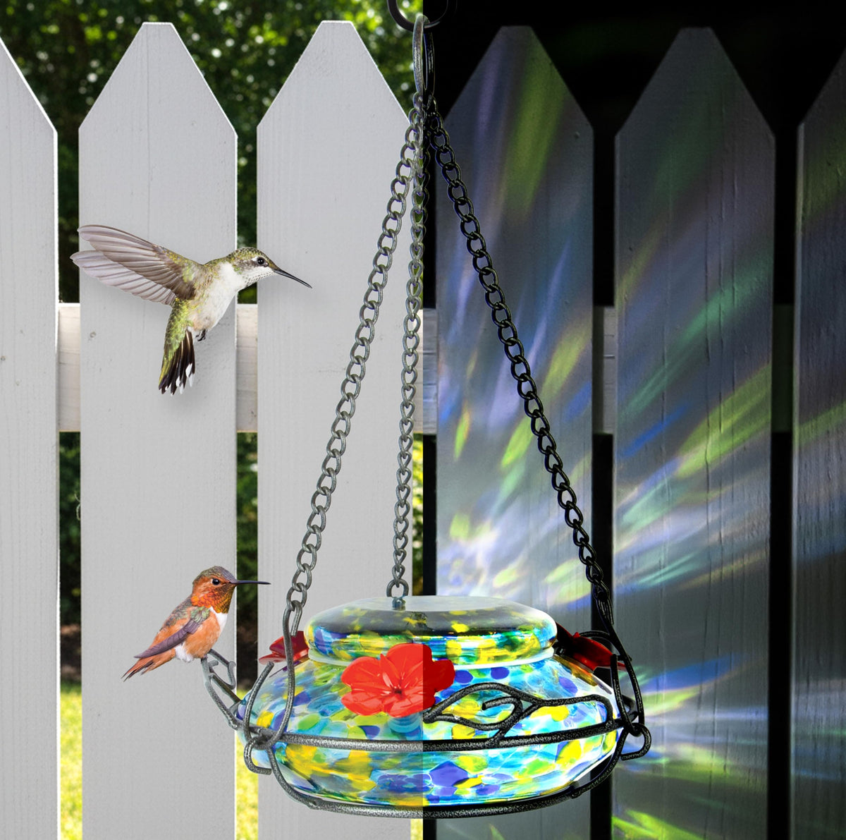 Nature's Way GHF7 LED solar light provides nighttime glow for hummingbird feeding.