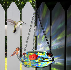 Nature's Way GHF7 LED solar light provides nighttime glow for hummingbird feeding.