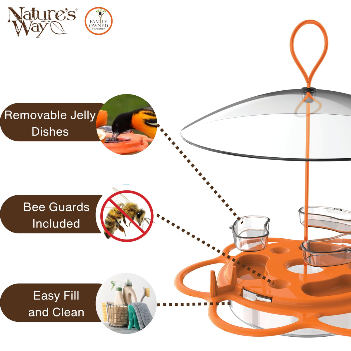 Nature’s Way Oriole Feeding Center nectar dish with perches for multiple birds