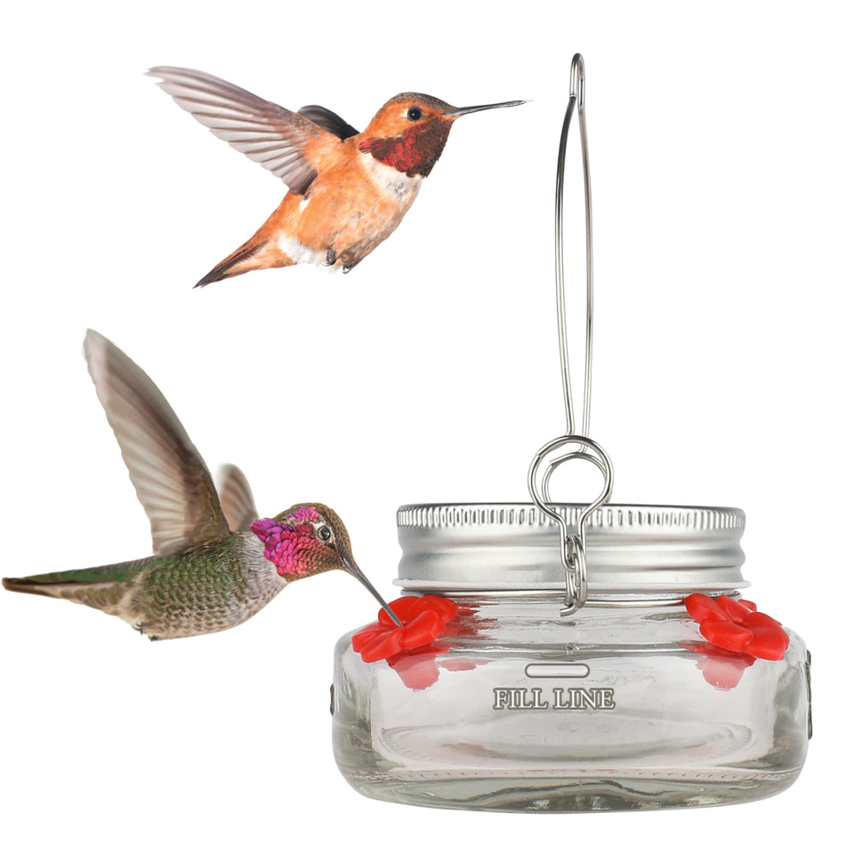 Nature's Way vintage glass jar hummingbird feeder with embossed design for charming yard display
