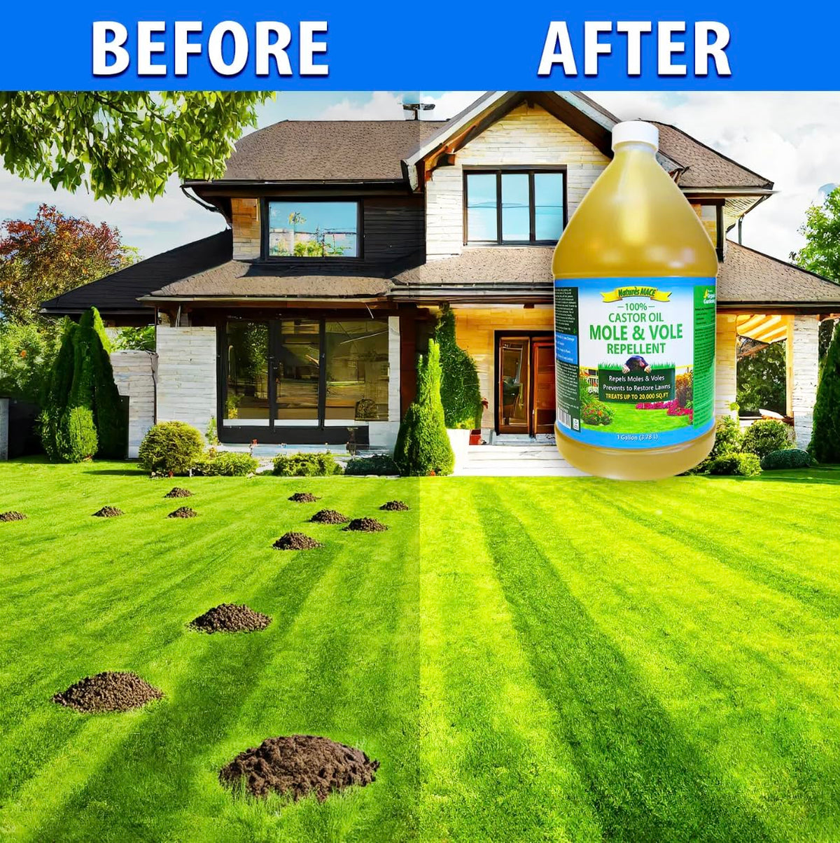 Nature's MACE Castor Oil bottle pour demonstrates easy yard application.