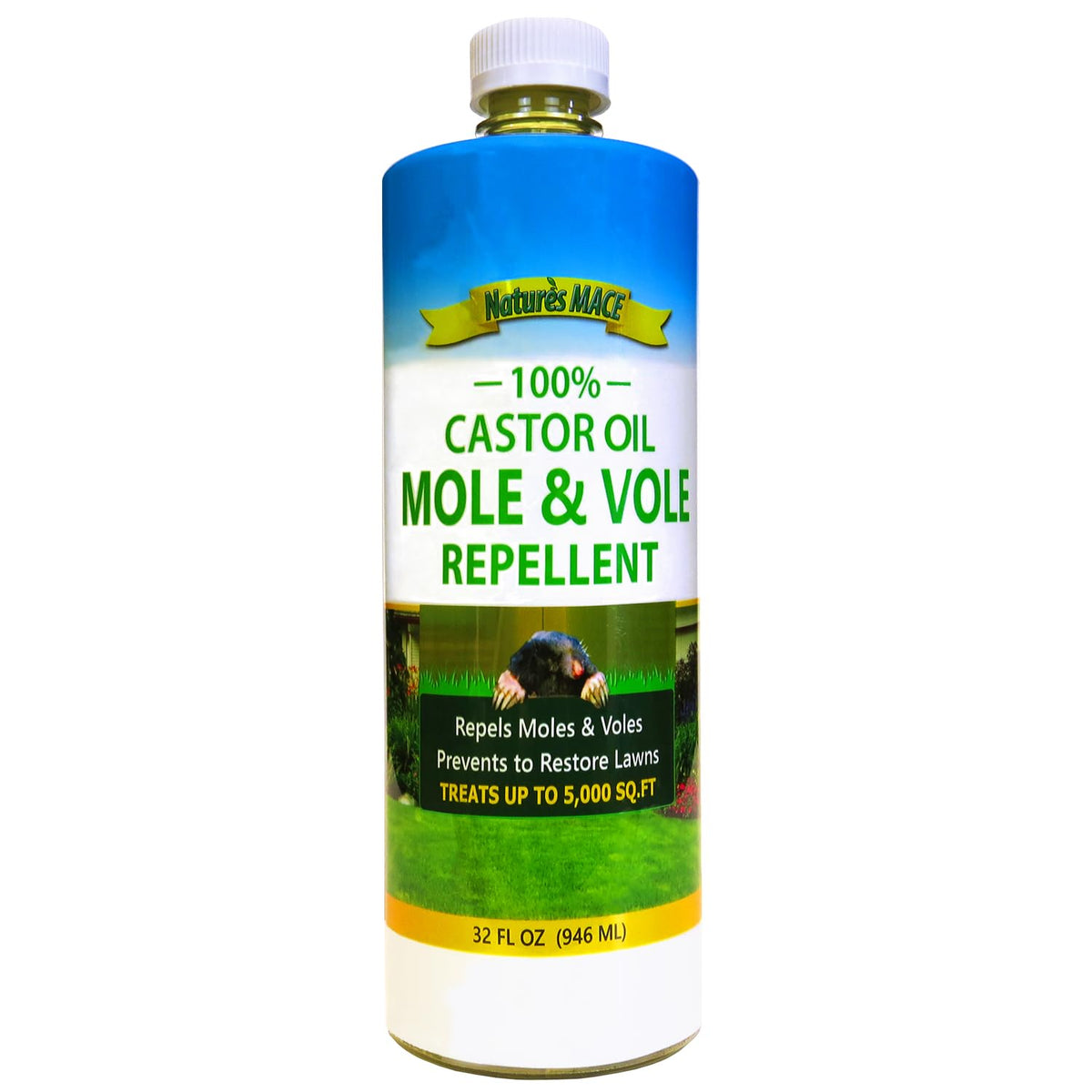 Nature's MACE Mole Deterrent 32oz bottle protects lawns from burrowing pests.