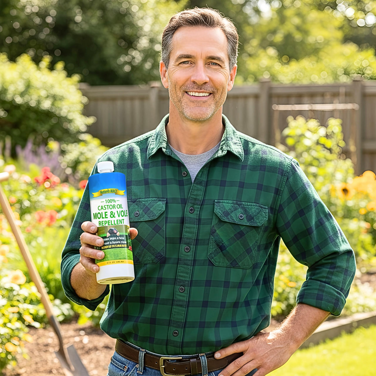 Nature's MACE Mole Deterrent bottle pour shows simple, safe lawn use.