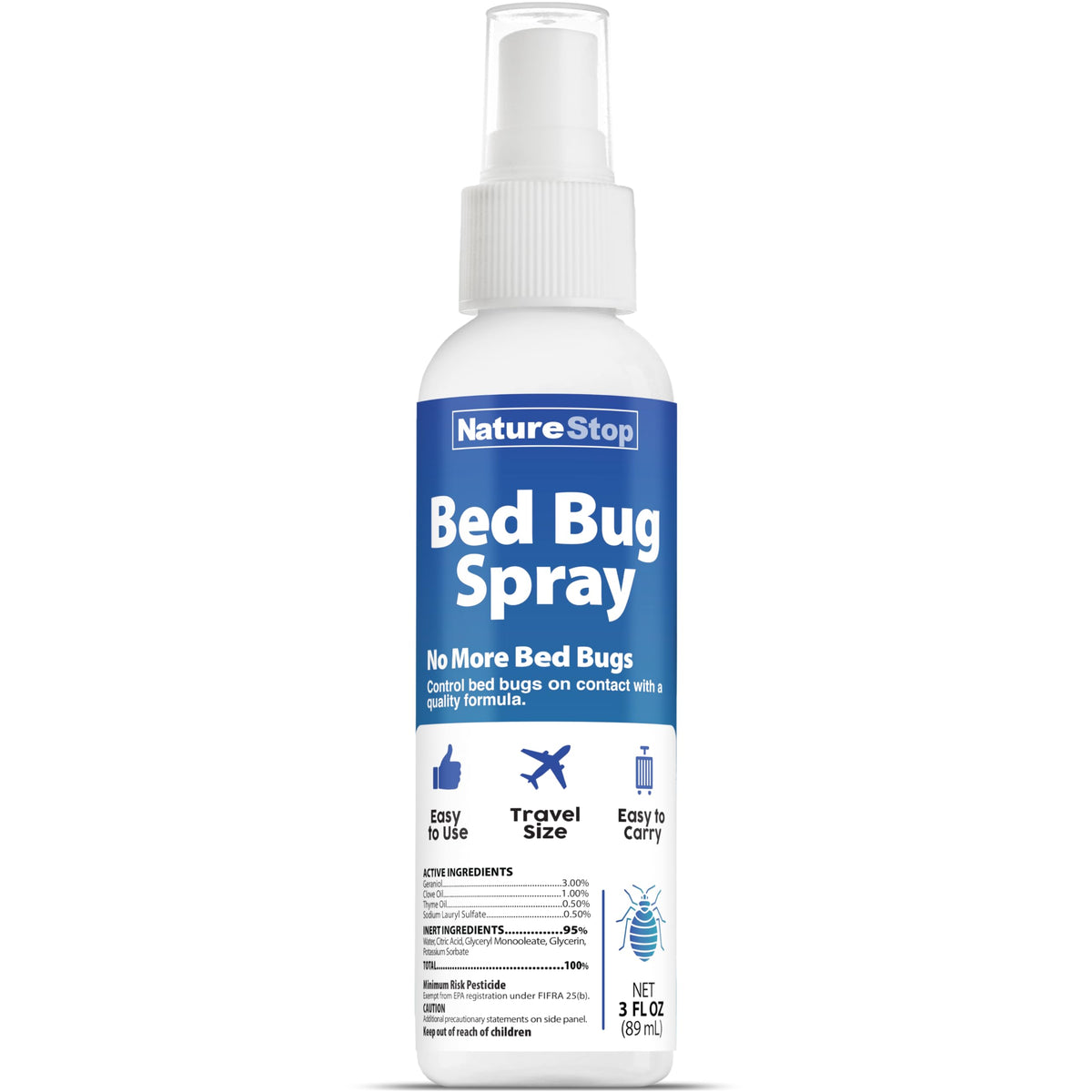 NatureStop bed bug spray travel bottle pour shows compact protection on the go