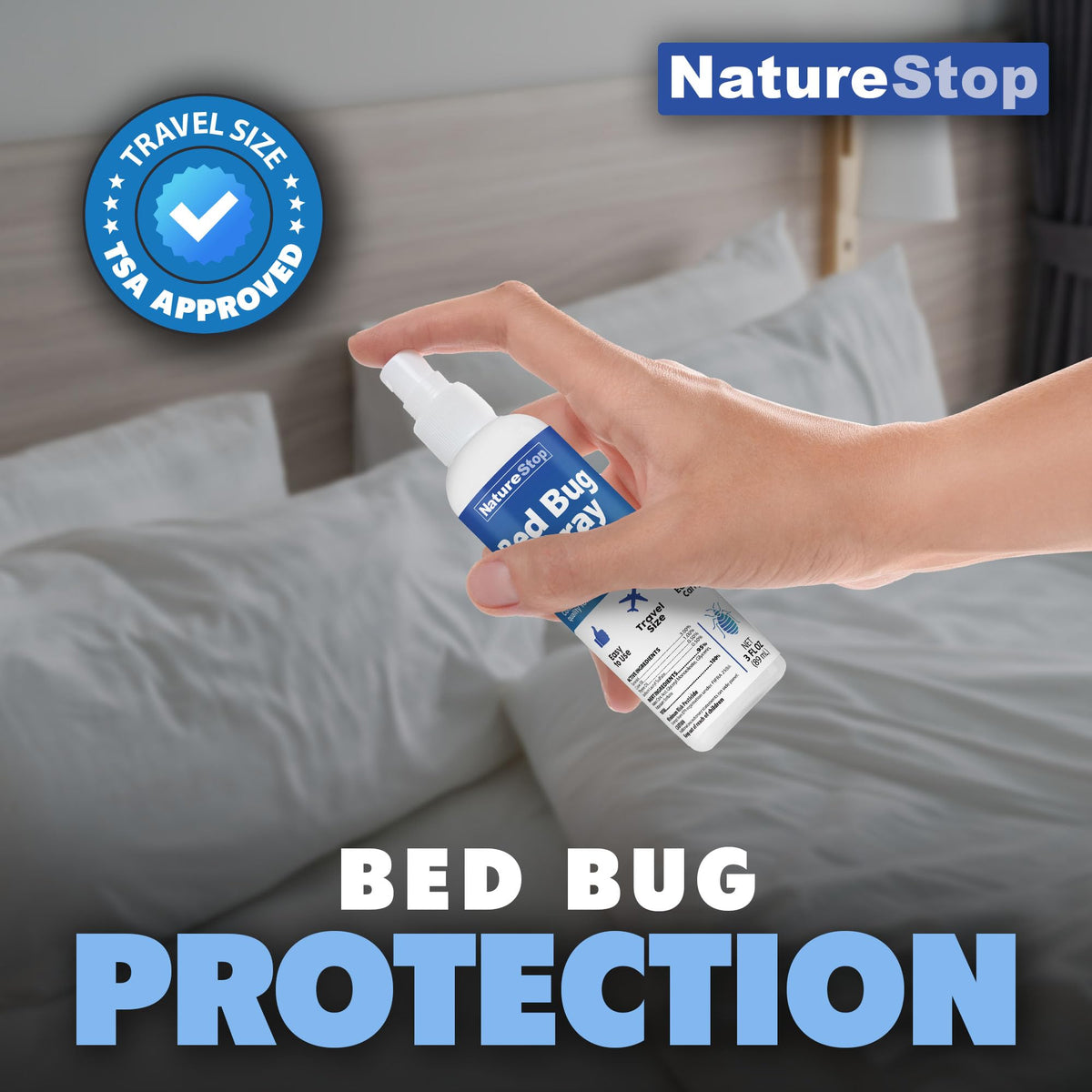 NatureStop bed bug spray travel size front view ready for hotels and flights