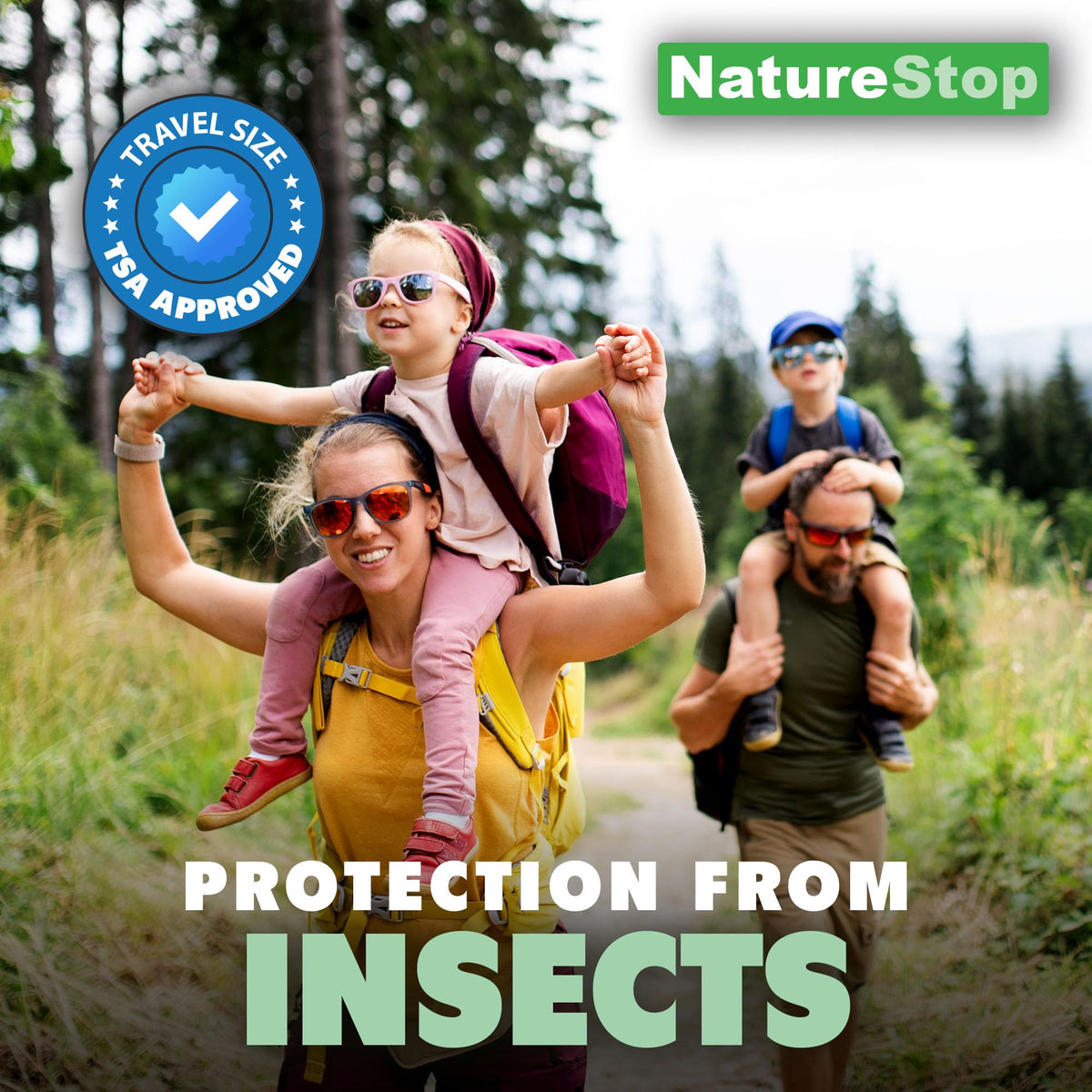 NatureStop spray dispensing action shown for quick bug deterrence