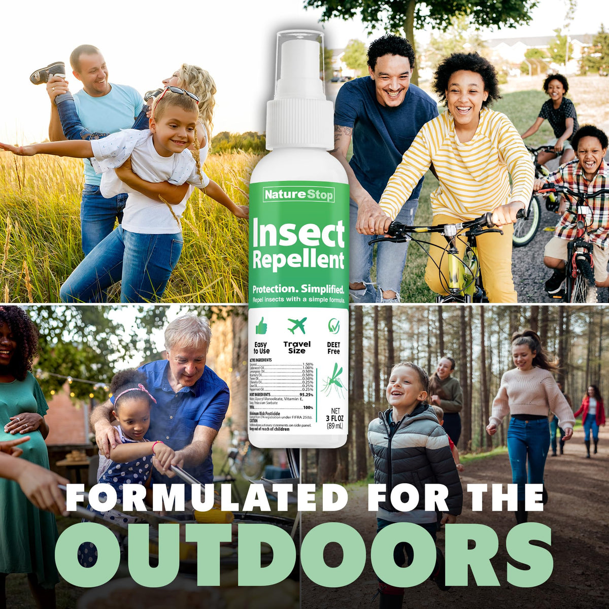 NatureStop spray shown near kitchen area for indoor use with insects prevention