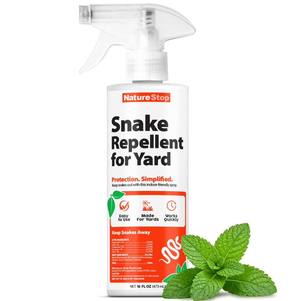 NatureStop snake repellent spray bottle on lawn edge deterring snakes near garden borders