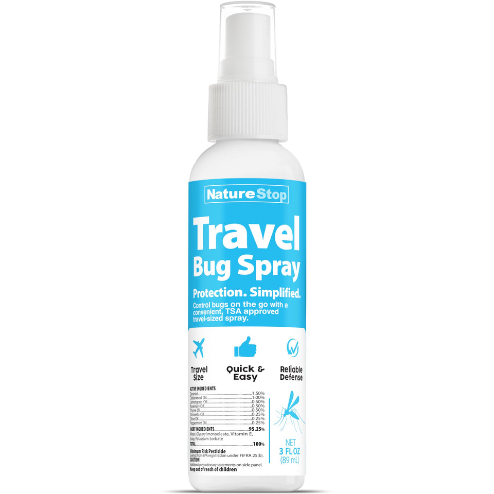 NatureStop Travel Bug Spray bottle for on-the-go protection during trips.
